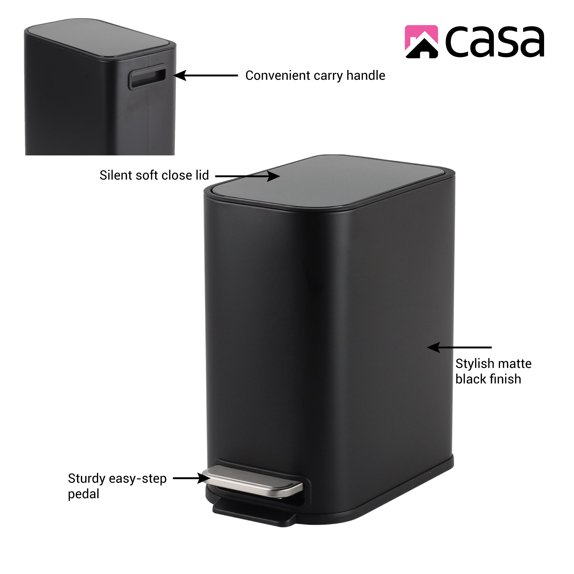 5L Slimline Rectangle Steel Pedal Bin - Matte Black - Trento